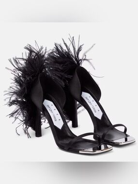 Sergio Rossi Black Feather-Trim High Heel Sandals